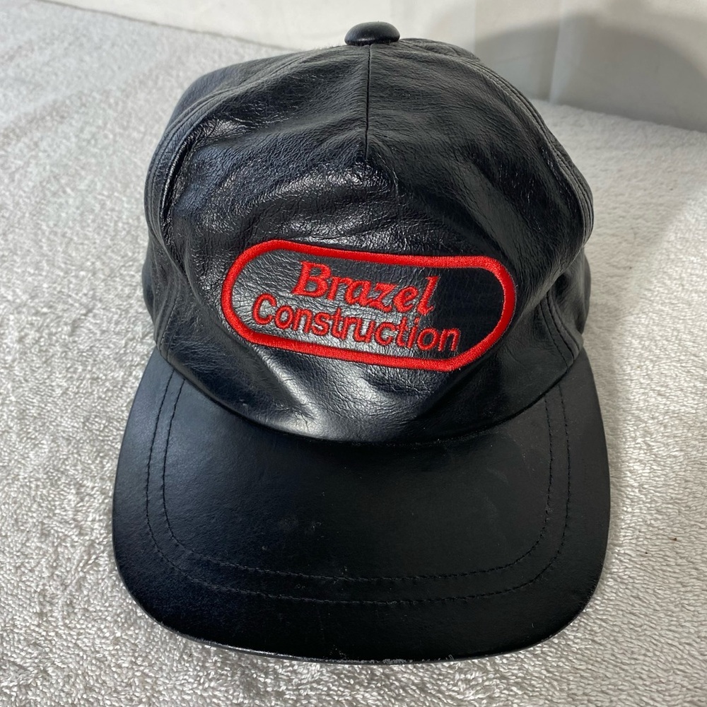 Vintage Black Leather Red Embroidered Brazel Construction Trucker Hat